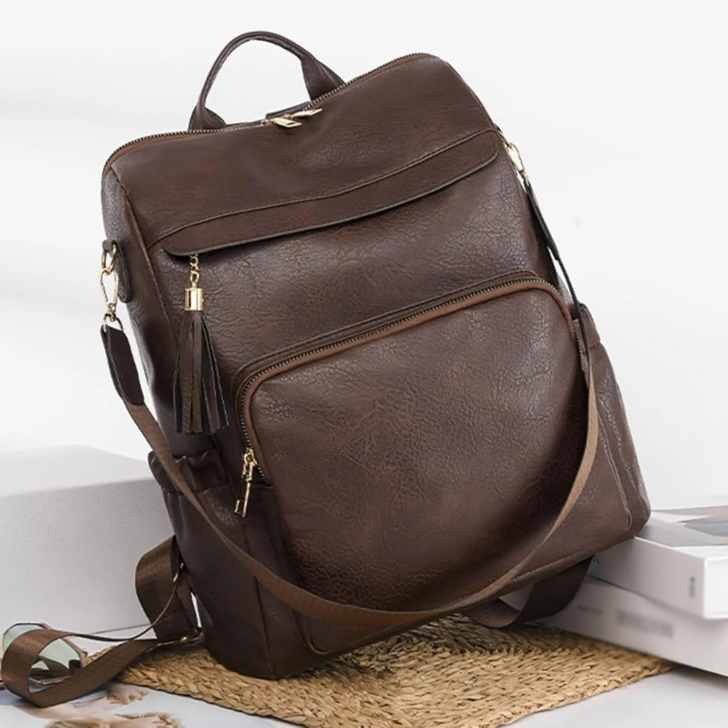 Women Bag Fashion Backpack Comfortable Leather Student Backpack Travel for Men Bags (Coffee, One Size)