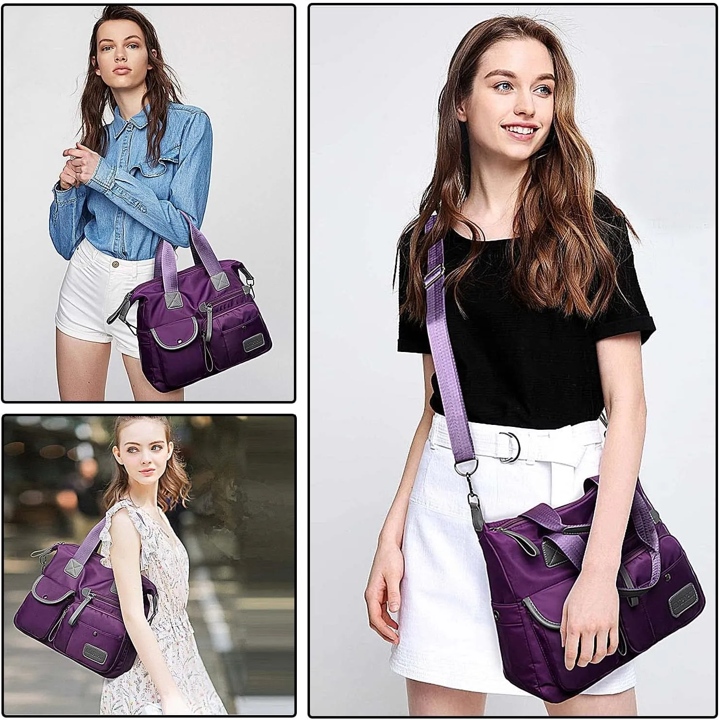 Women Lightweight Nylon Tote Bag Multiple Pockets Top Handle Handbag Ladies Purse Work Totes Travel Crossbody Shoulder Bag