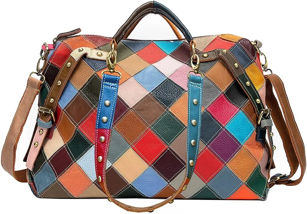 Women Random Multicolor Handbag Genuine Leather Cube Splicing Shoulder Satchels
