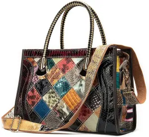 Women Retro Leather Handbag Multicolor Cowhide Shoulder Purse Splicing Satchels