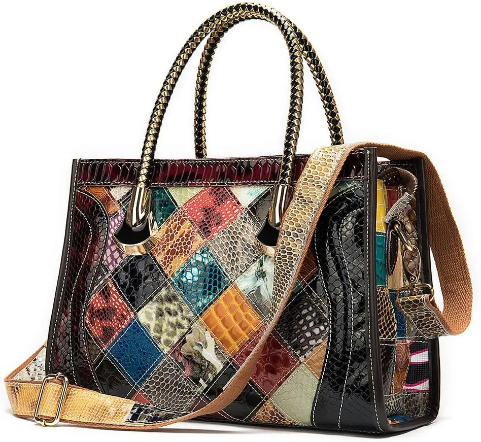 Women Retro Leather Handbag Multicolor Cowhide Shoulder Purse Splicing Satchels