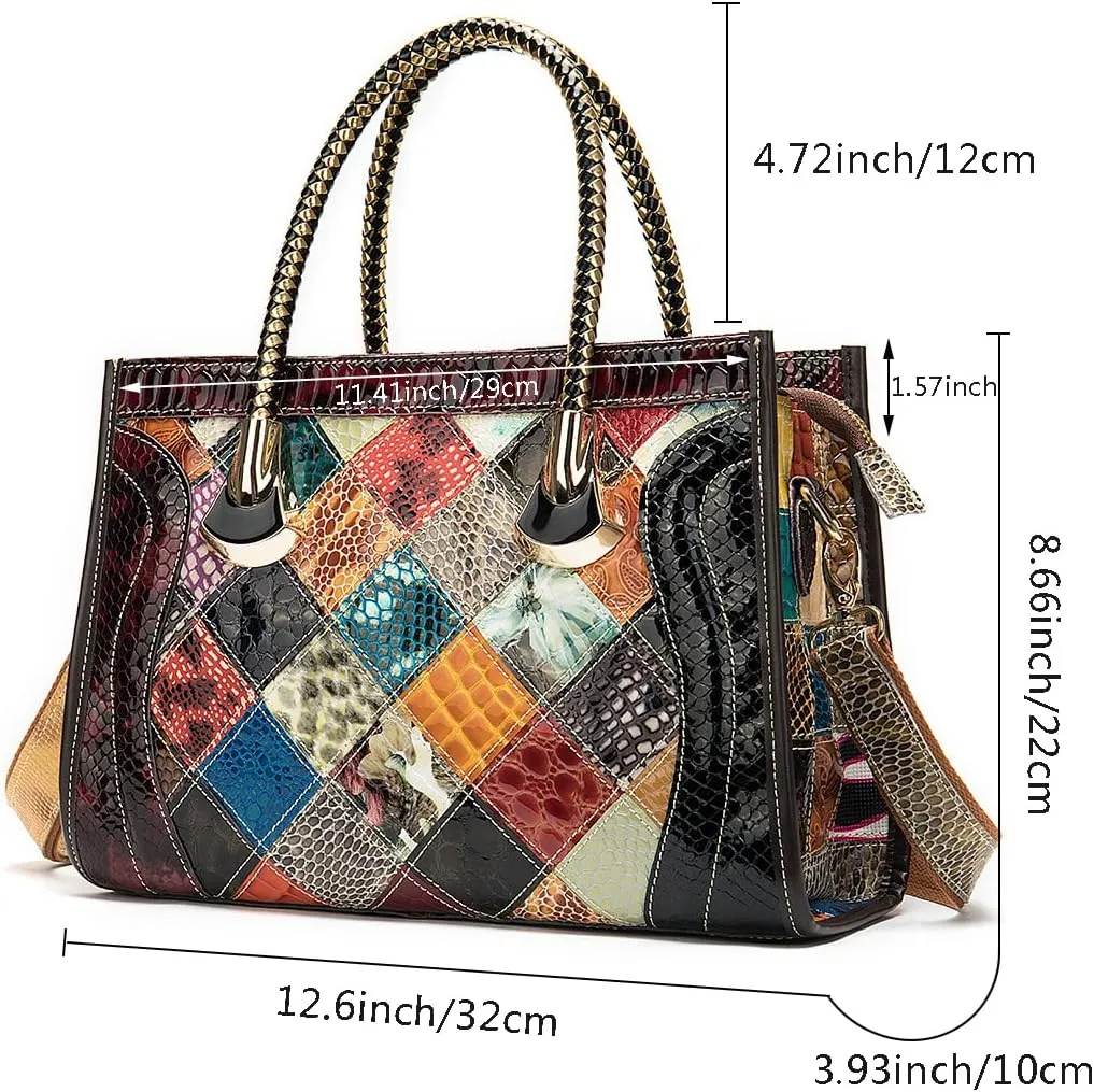 Women Retro Leather Handbag Multicolor Cowhide Shoulder Purse Splicing Satchels