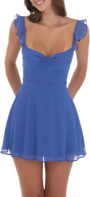 Women Sexy Lace Ruffle Mini Dress Solid Low Cut Backless Ruched Flowy Bodycon Dress Y2k Vintage Going Out Streetwear