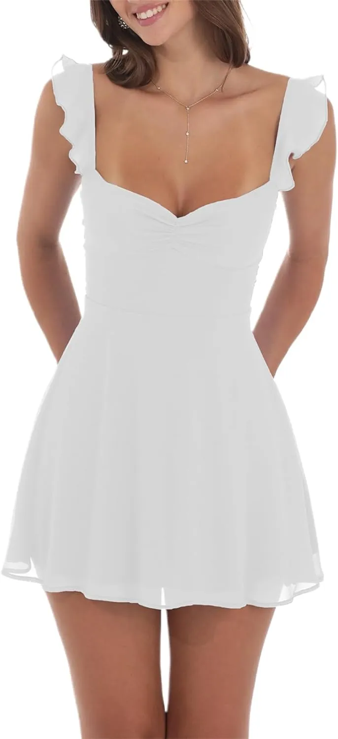Women Sexy Lace Ruffle Mini Dress Solid Low Cut Backless Ruched Flowy Bodycon Dress Y2k Vintage Going Out Streetwear