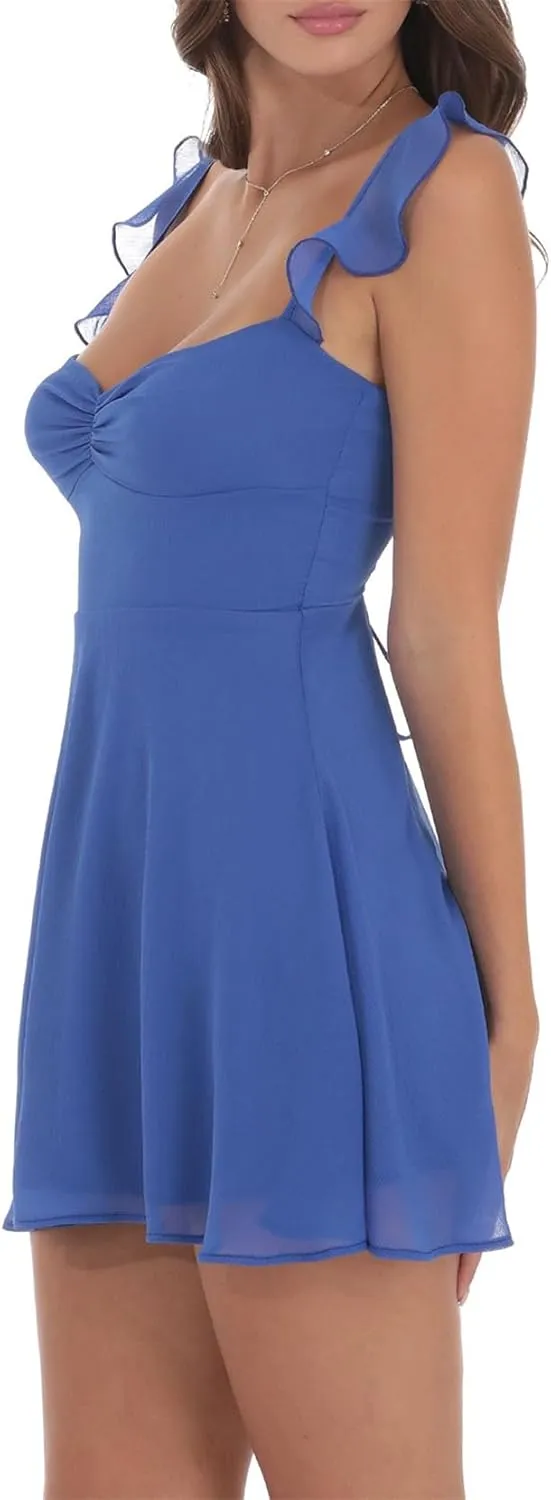 Women Sexy Lace Ruffle Mini Dress Solid Low Cut Backless Ruched Flowy Bodycon Dress Y2k Vintage Going Out Streetwear