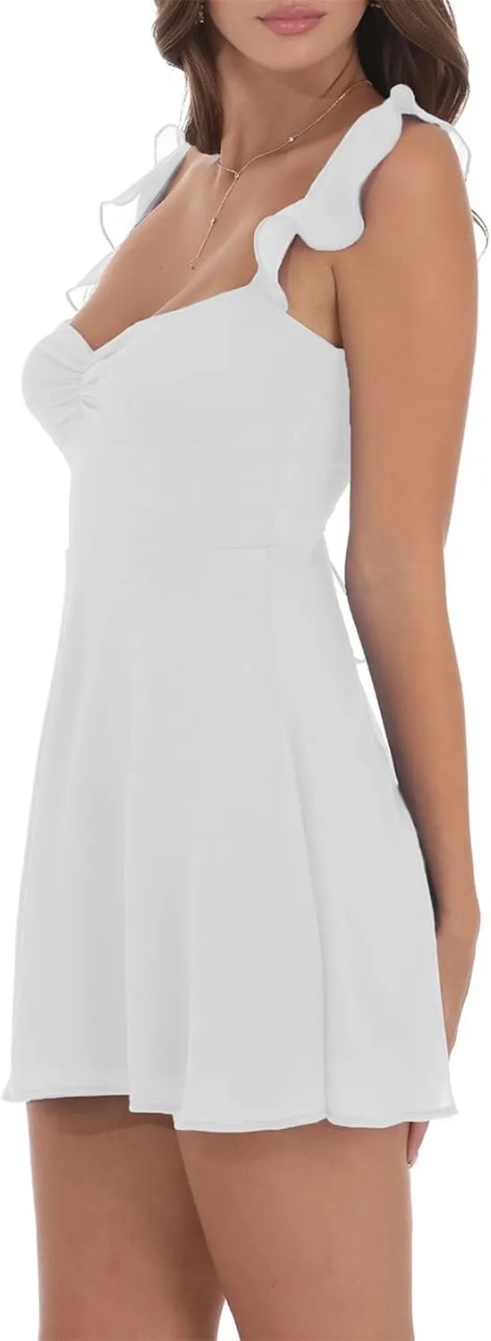 Women Sexy Lace Ruffle Mini Dress Solid Low Cut Backless Ruched Flowy Bodycon Dress Y2k Vintage Going Out Streetwear