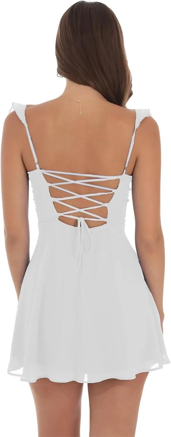 Women Sexy Lace Ruffle Mini Dress Solid Low Cut Backless Ruched Flowy Bodycon Dress Y2k Vintage Going Out Streetwear