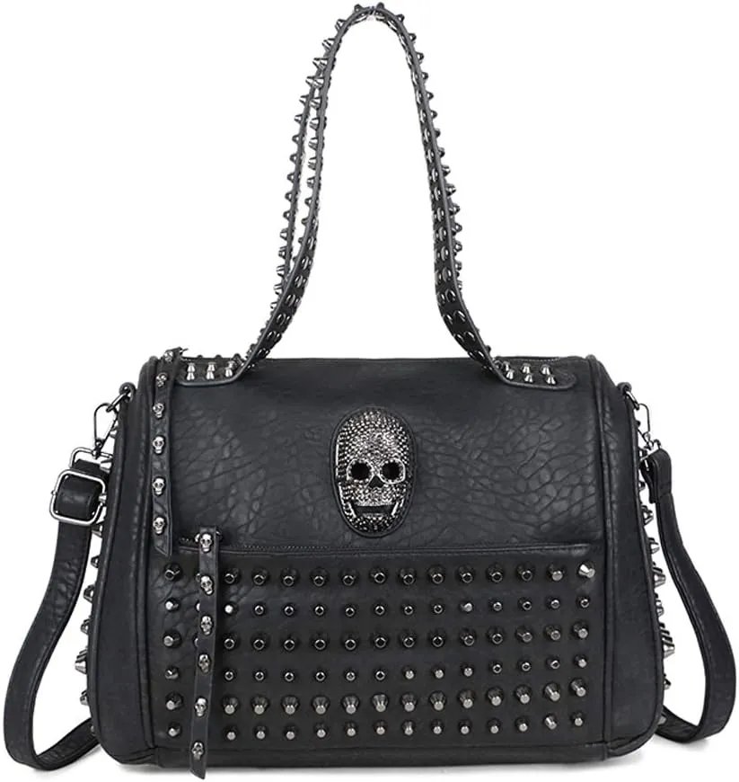 Women Skull Tote Bag Rivet Handbag PU Purse Shoulder Bag Punk Crossbody Satchels