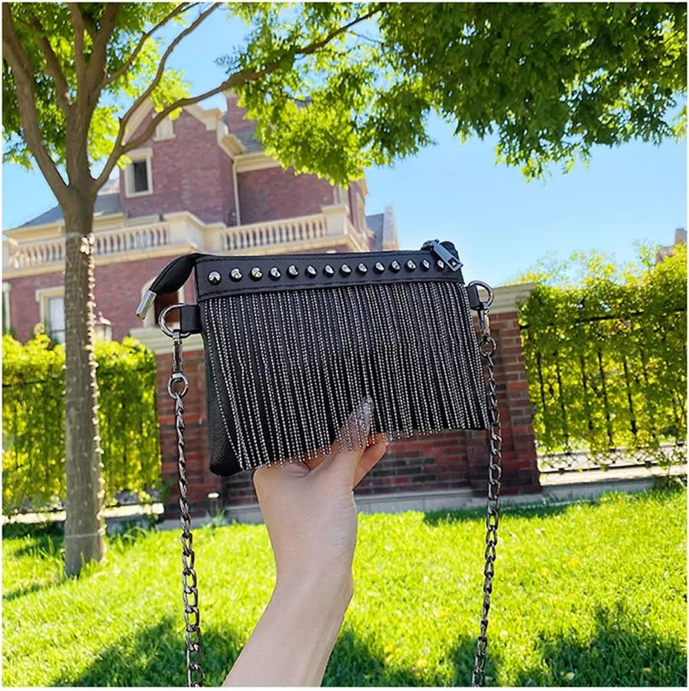 Women Small Crossbody Purses Tassel Rivet Shoulder Bag Chain Handbag Satchels