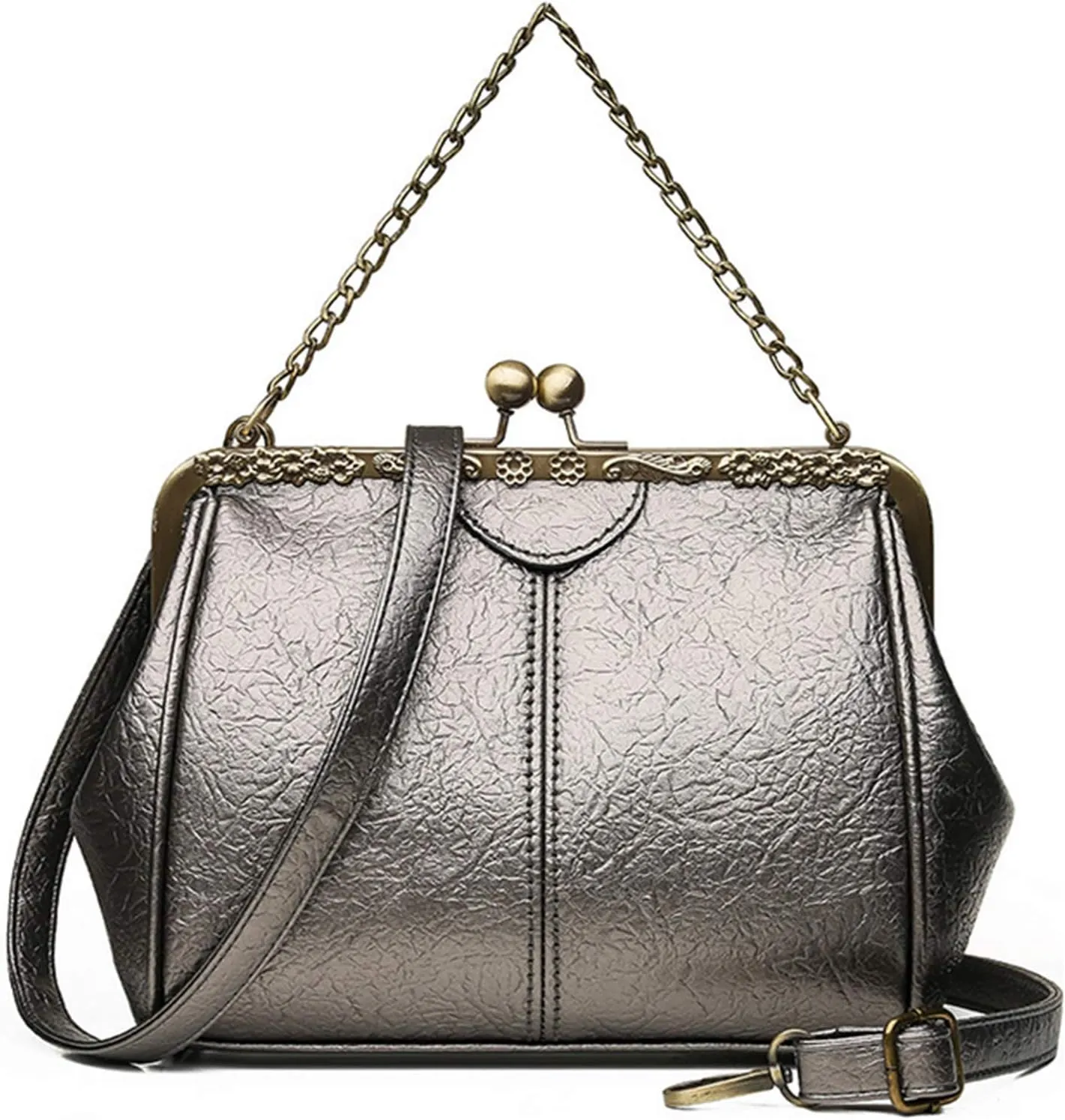 Women Small Retro Kiss Lock Handbag PU Leather Hollow Tote Purses Satchels Chain