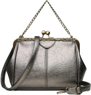Women Small Retro Kiss Lock Handbag PU Leather Hollow Tote Purses Satchels Chain