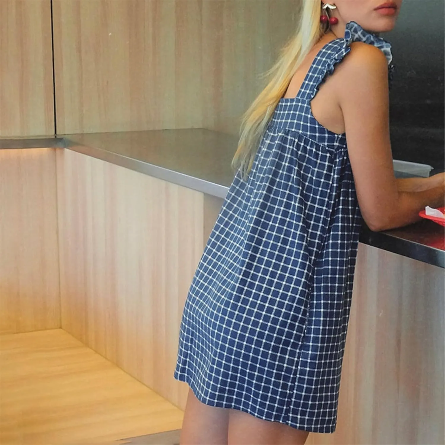 Women Y2k Plaid Short Dress Sleeveless Tie Shoulder Backless Flowy Babydoll Gingham Mini Dress Casual Cute Streetwear