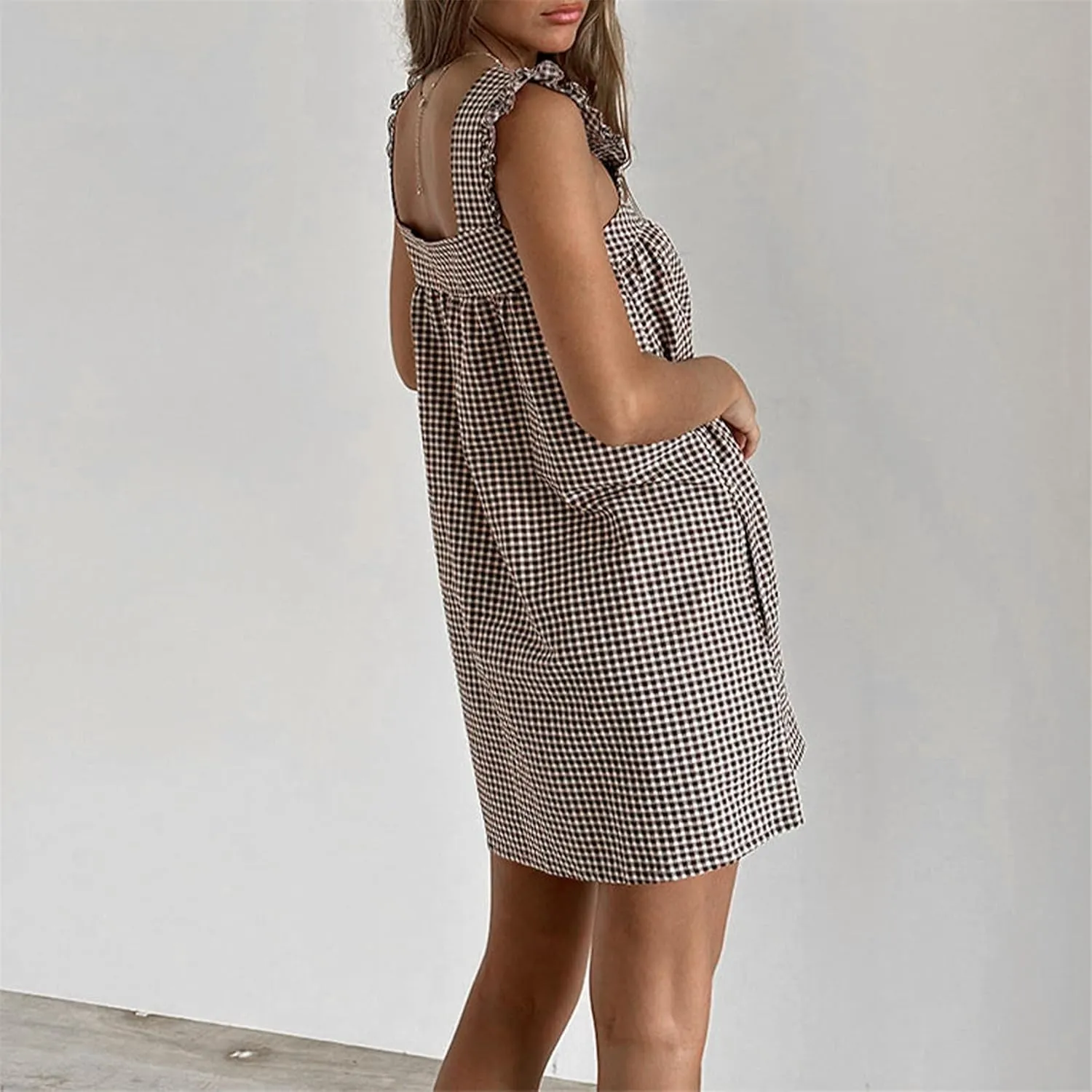 Women Y2k Plaid Short Dress Sleeveless Tie Shoulder Backless Flowy Babydoll Gingham Mini Dress Casual Cute Streetwear