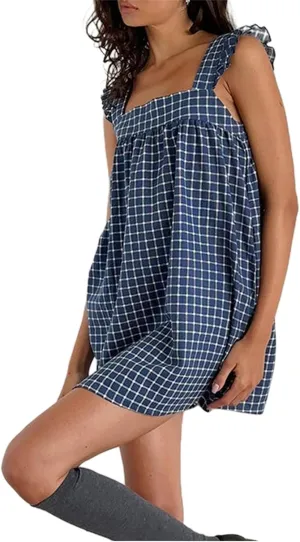 Women Y2k Plaid Short Dress Sleeveless Tie Shoulder Backless Flowy Babydoll Gingham Mini Dress Casual Cute Streetwear