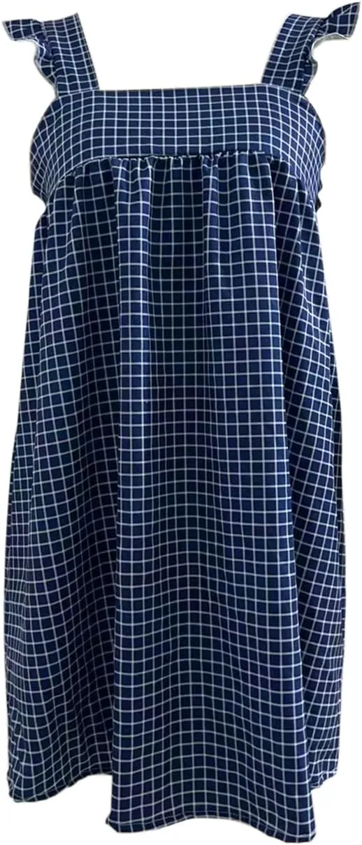 Women Y2k Plaid Short Dress Sleeveless Tie Shoulder Backless Flowy Babydoll Gingham Mini Dress Casual Cute Streetwear