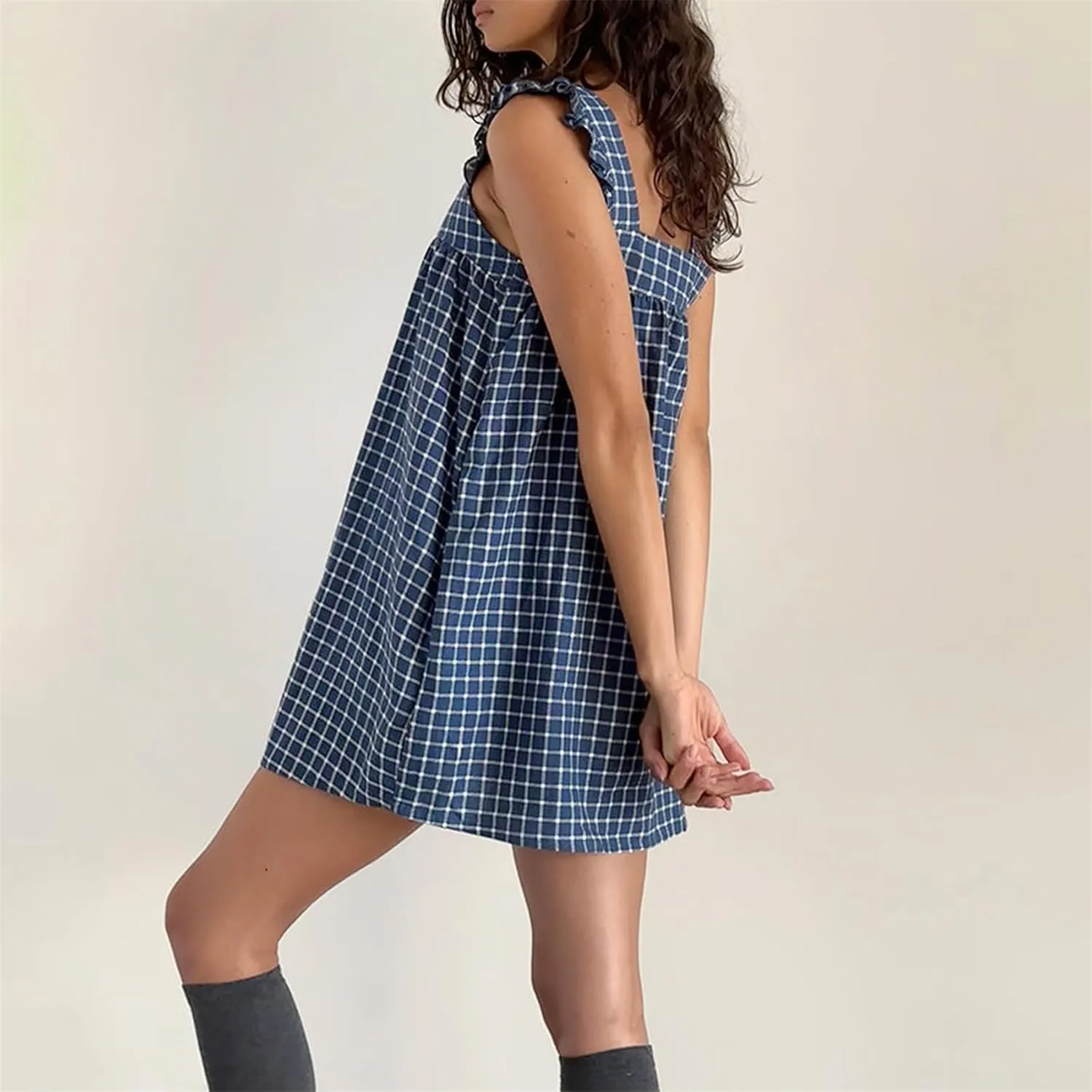 Women Y2k Plaid Short Dress Sleeveless Tie Shoulder Backless Flowy Babydoll Gingham Mini Dress Casual Cute Streetwear