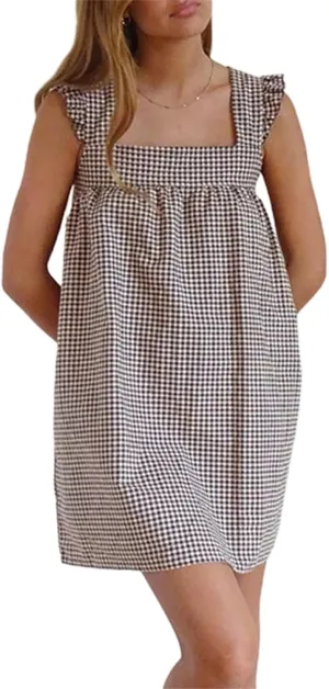 Women Y2k Plaid Short Dress Sleeveless Tie Shoulder Backless Flowy Babydoll Gingham Mini Dress Casual Cute Streetwear