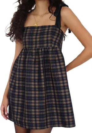 Women Y2k Plaid Short Dress Sleeveless Tie Shoulder Backless Flowy Babydoll Gingham Mini Dress Casual Cute Streetwear