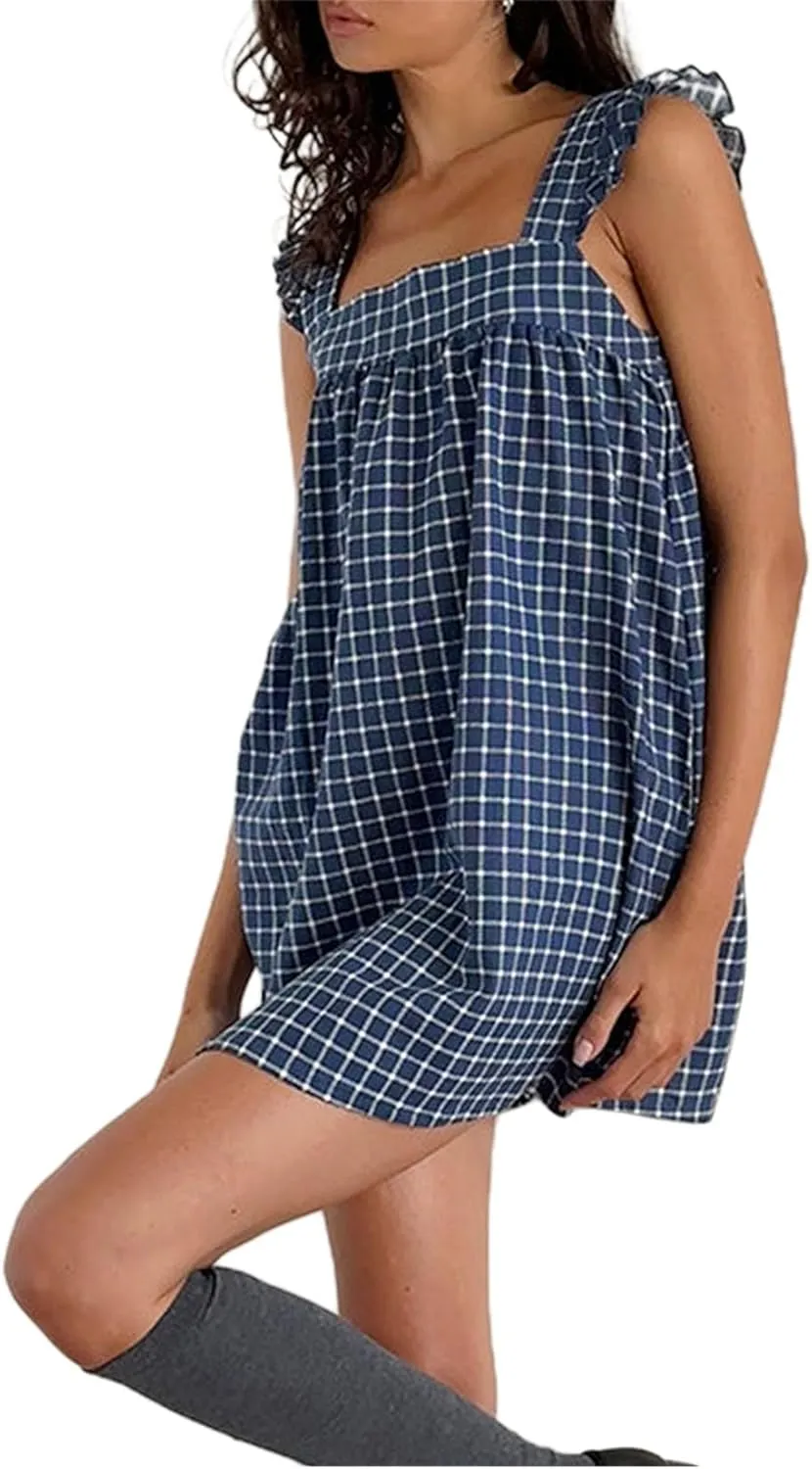 Women Y2k Plaid Short Dress Sleeveless Tie Shoulder Backless Flowy Babydoll Gingham Mini Dress Casual Cute Streetwear