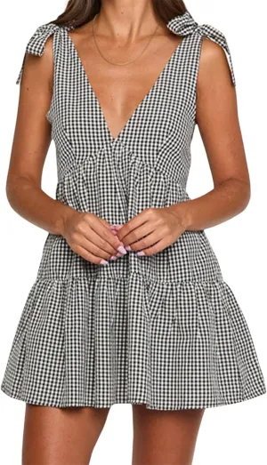 Women Y2k Plaid Short Dress Sleeveless Tie Shoulder Backless Flowy Babydoll Gingham Mini Dress Casual Cute Streetwear