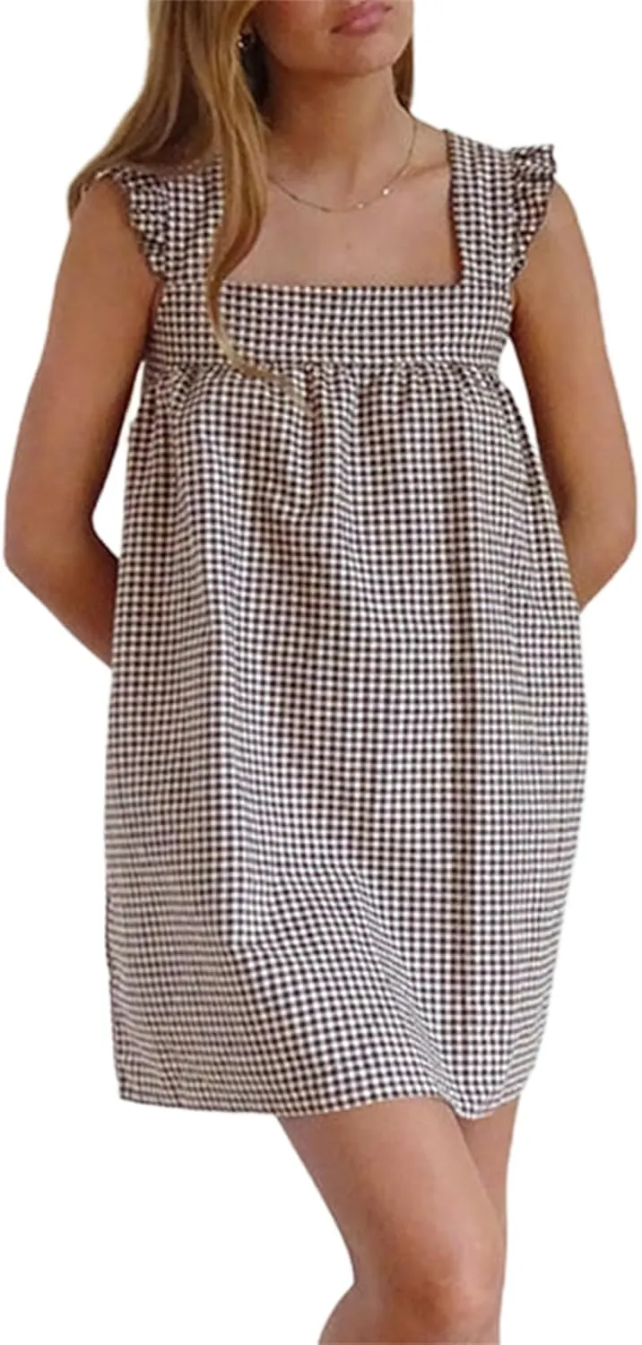 Women Y2k Plaid Short Dress Sleeveless Tie Shoulder Backless Flowy Babydoll Gingham Mini Dress Casual Cute Streetwear