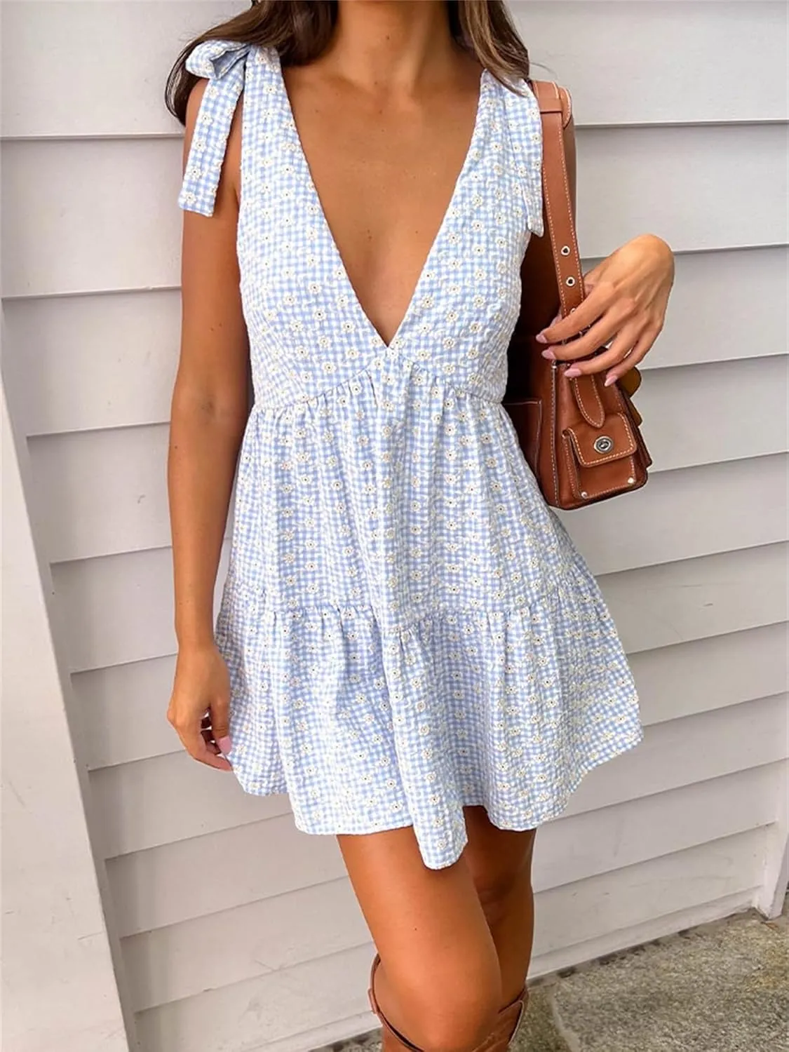 Women Y2k Plaid Short Dress Sleeveless Tie Shoulder Backless Flowy Babydoll Gingham Mini Dress Casual Cute Streetwear