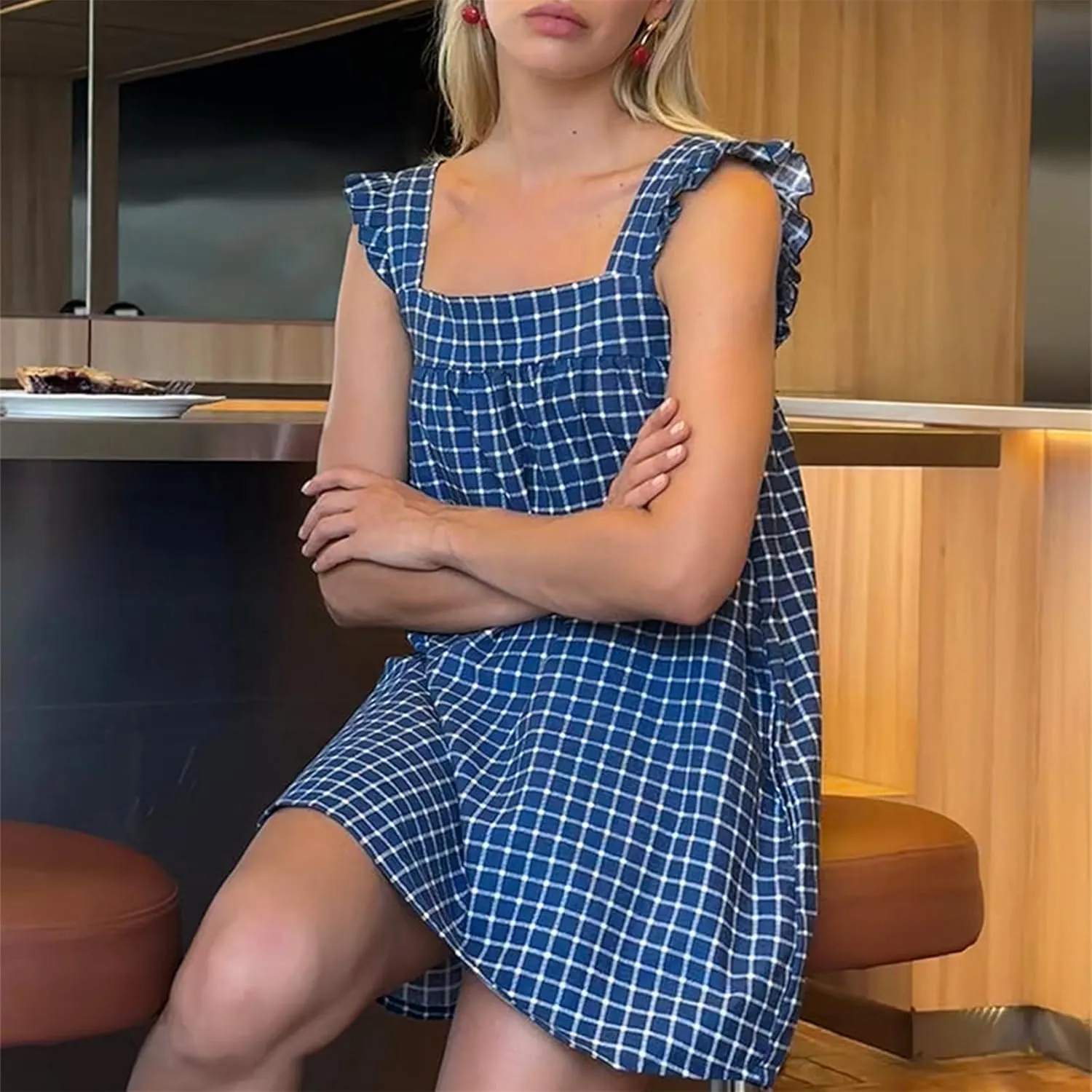 Women Y2k Plaid Short Dress Sleeveless Tie Shoulder Backless Flowy Babydoll Gingham Mini Dress Casual Cute Streetwear