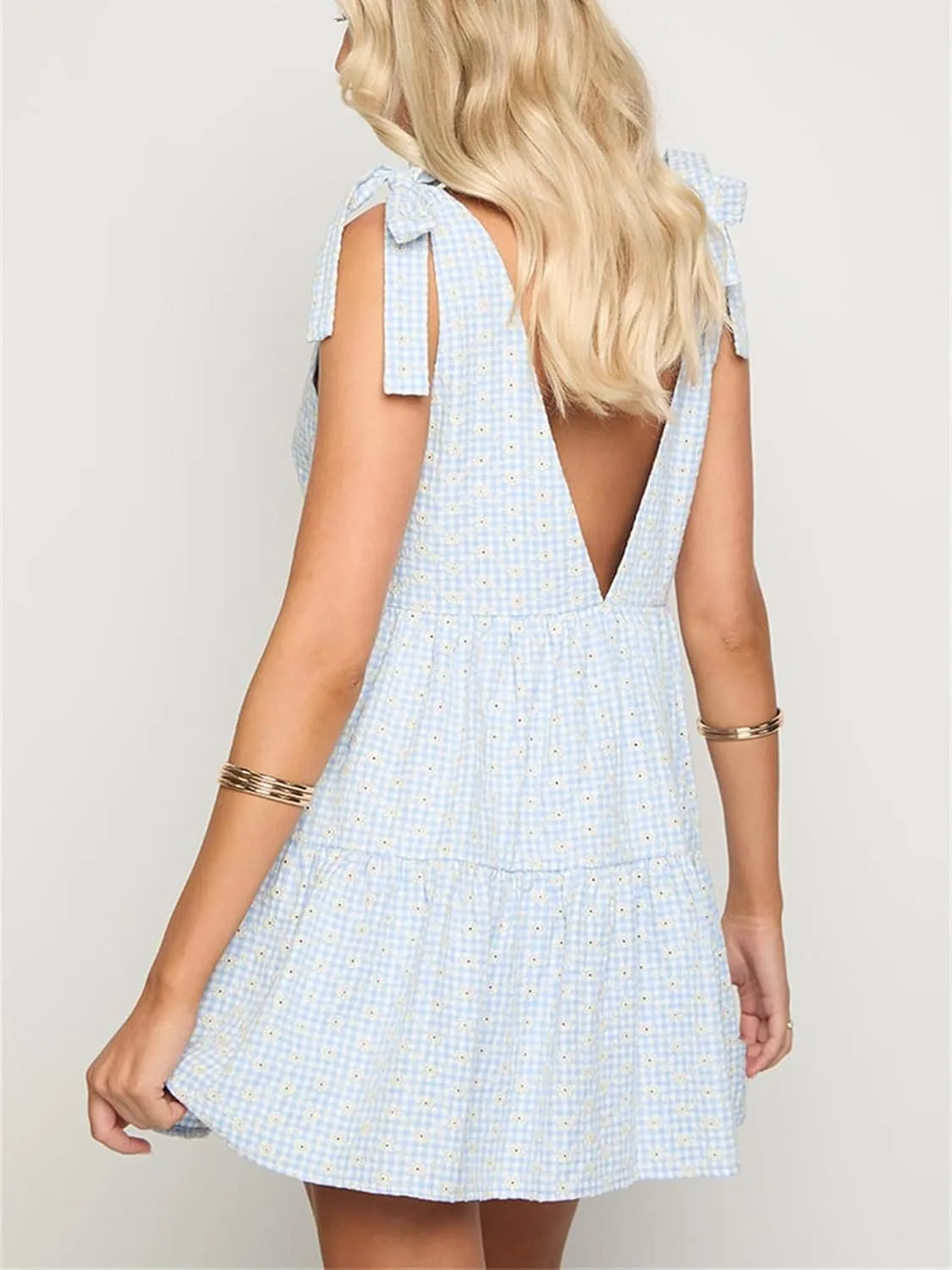 Women Y2k Plaid Short Dress Sleeveless Tie Shoulder Backless Flowy Babydoll Gingham Mini Dress Casual Cute Streetwear