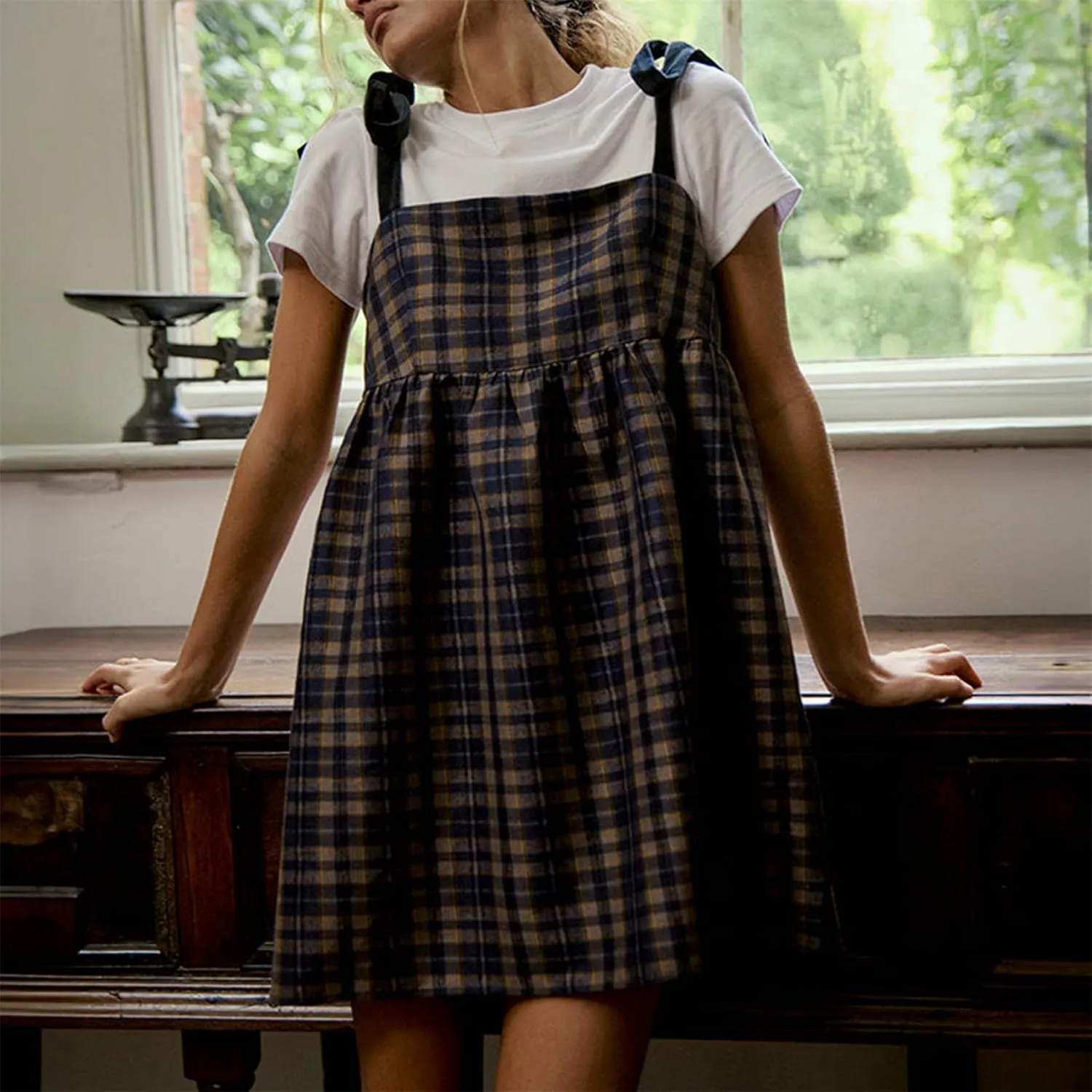 Women Y2k Plaid Short Dress Sleeveless Tie Shoulder Backless Flowy Babydoll Gingham Mini Dress Casual Cute Streetwear