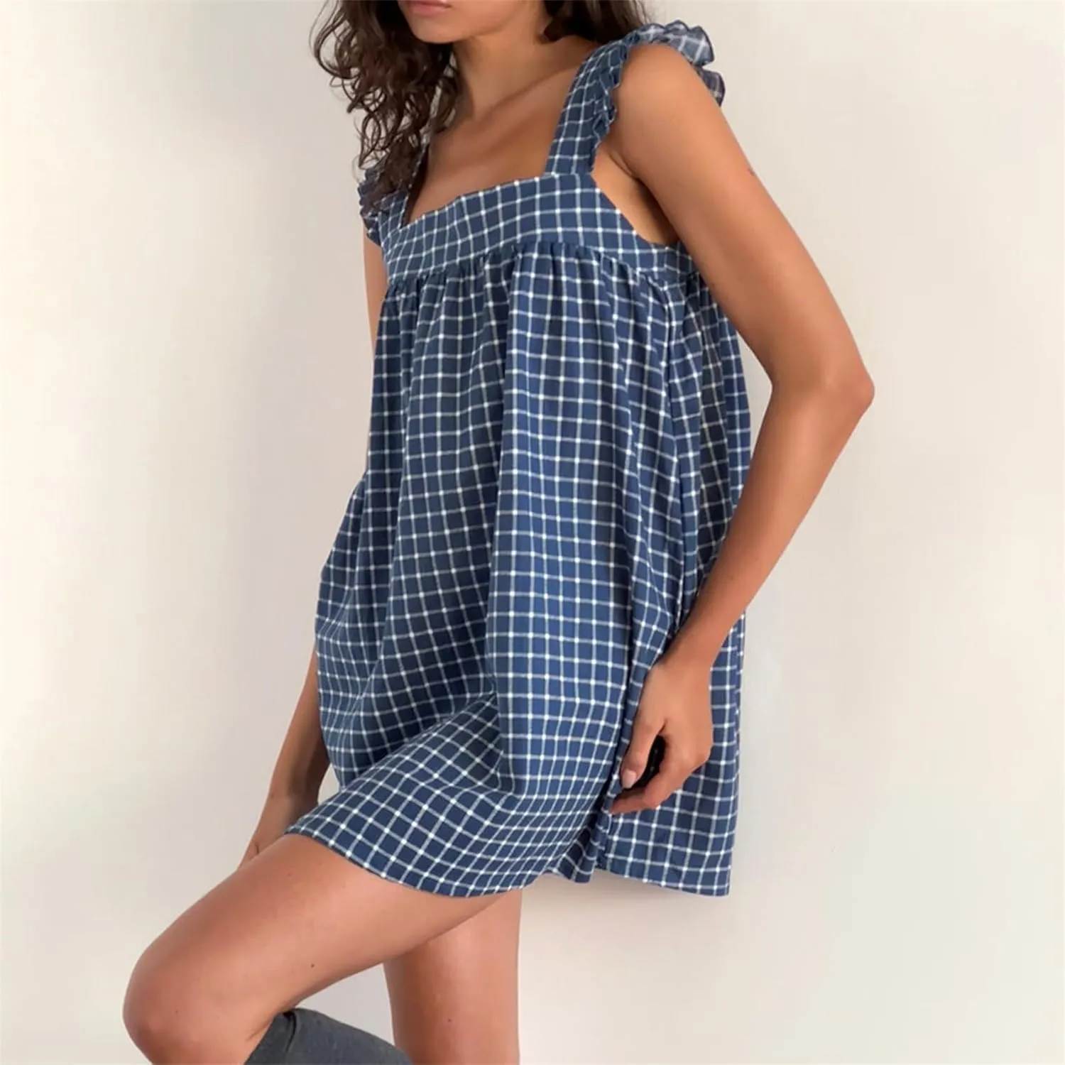 Women Y2k Plaid Short Dress Sleeveless Tie Shoulder Backless Flowy Babydoll Gingham Mini Dress Casual Cute Streetwear