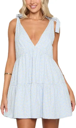 Women Y2k Plaid Short Dress Sleeveless Tie Shoulder Backless Flowy Babydoll Gingham Mini Dress Casual Cute Streetwear