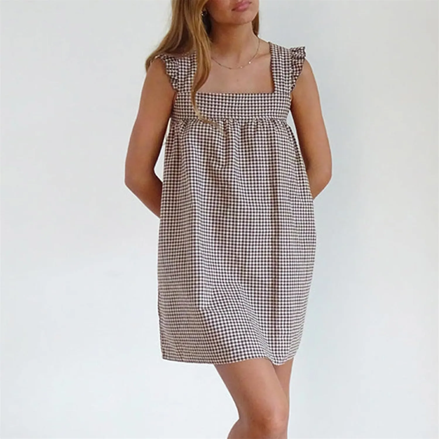 Women Y2k Plaid Short Dress Sleeveless Tie Shoulder Backless Flowy Babydoll Gingham Mini Dress Casual Cute Streetwear