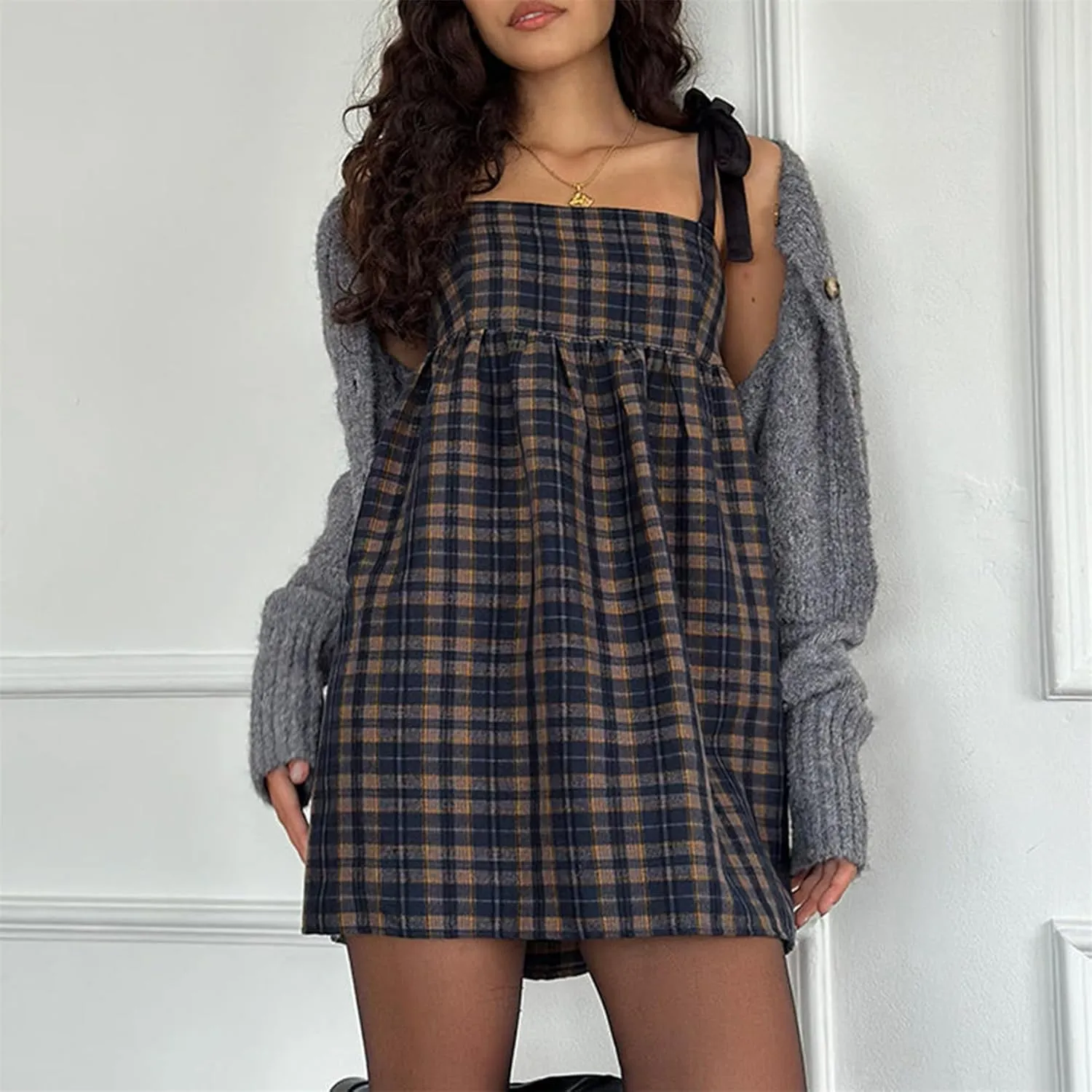 Women Y2k Plaid Short Dress Sleeveless Tie Shoulder Backless Flowy Babydoll Gingham Mini Dress Casual Cute Streetwear