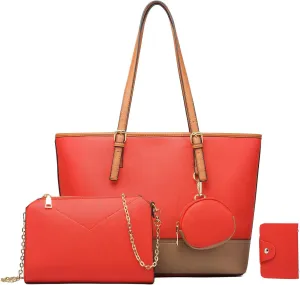 Women's 4pcs Tote Handbag Sets Urban Shoulder Purses Leather Top Handle Satchels