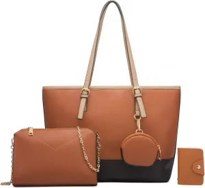 Women's 4pcs Tote Handbag Sets Urban Shoulder Purses Leather Top Handle Satchels