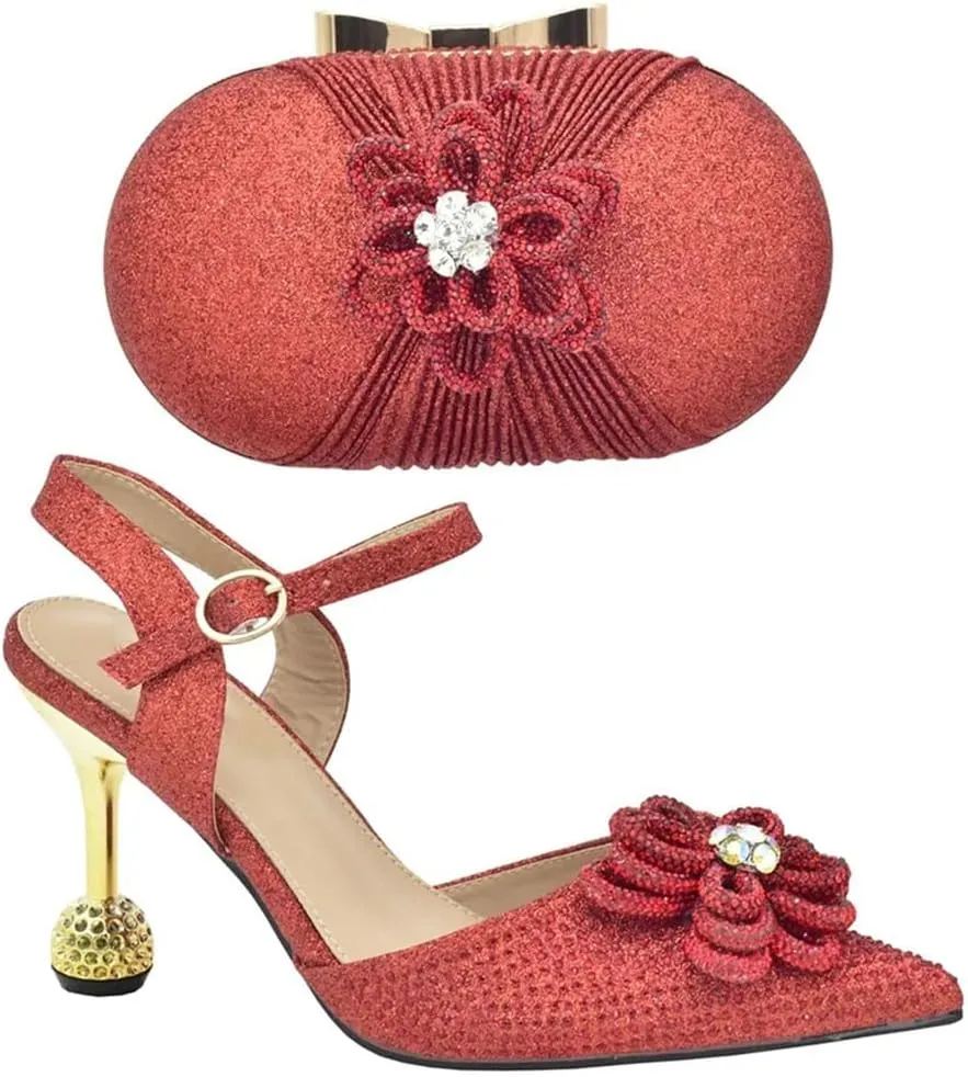Women's African Shoes and Bags Set with Rhinestone Wedding Shoes Bridal Italian Shoes and Bags High Heels