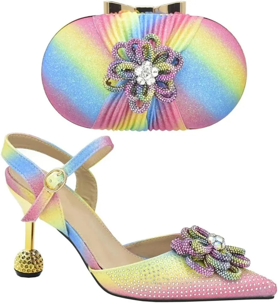 Women's African Shoes and Bags Set with Rhinestone Wedding Shoes Bridal Italian Shoes and Bags High Heels