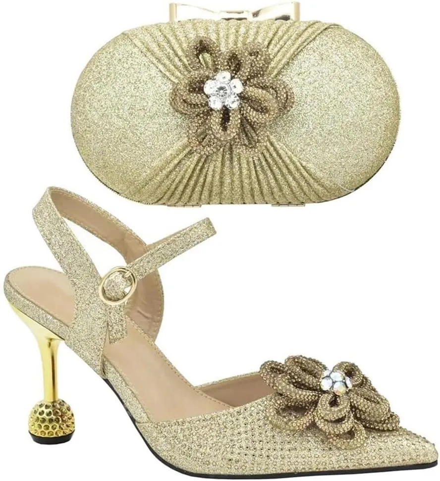 Women's African Shoes and Bags Set with Rhinestone Wedding Shoes Bridal Italian Shoes and Bags High Heels