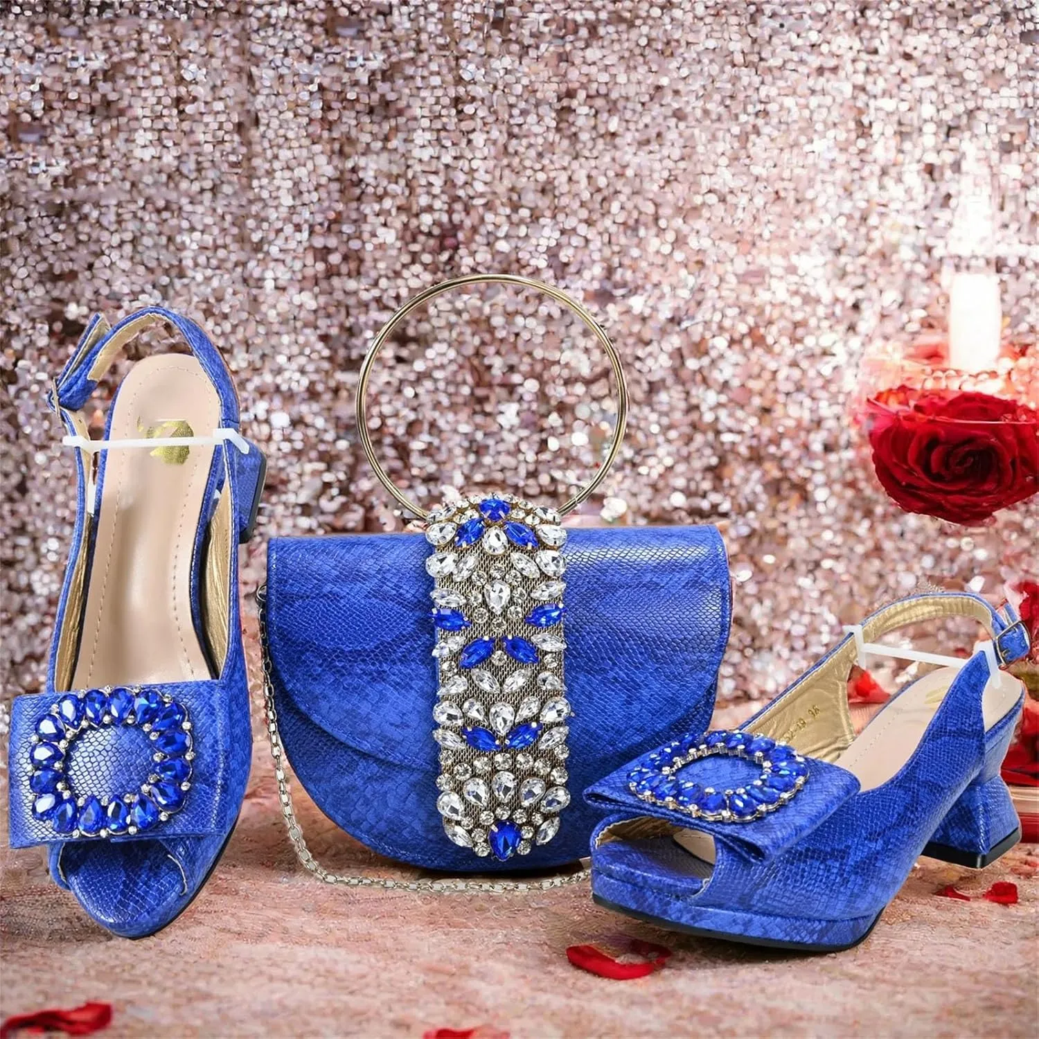 Womens Elegant Rhinestone Pattern Evening Shoes and Matching Clutch Set Luxury Heels for Bridal Party