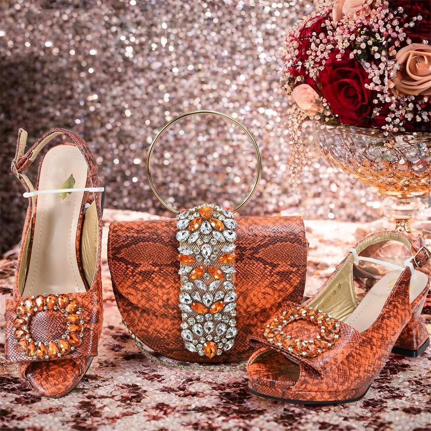 Womens Elegant Rhinestone Pattern Evening Shoes and Matching Clutch Set Luxury Heels for Bridal Party