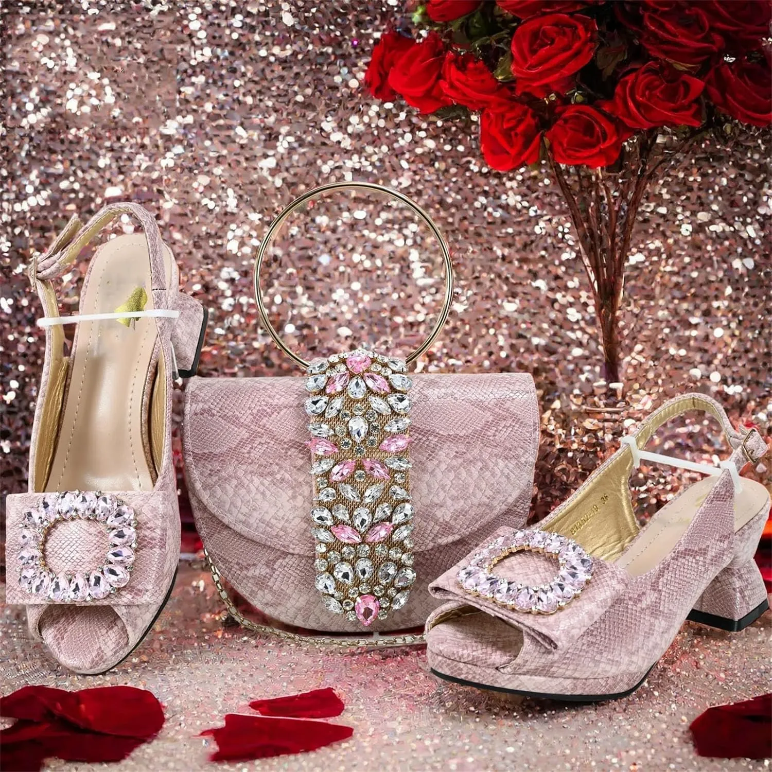 Womens Elegant Rhinestone Pattern Evening Shoes and Matching Clutch Set Luxury Heels for Bridal Party