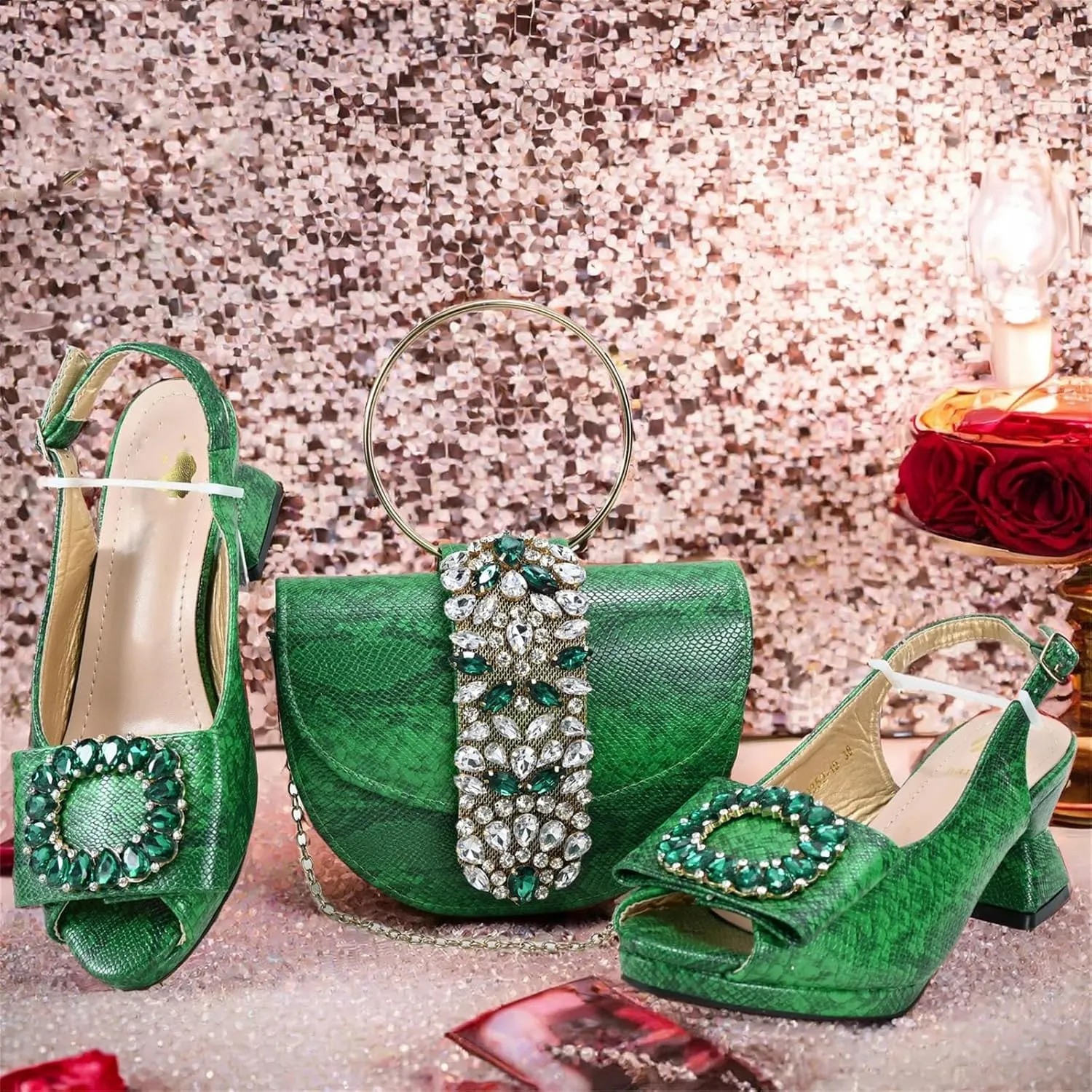 Womens Elegant Rhinestone Pattern Evening Shoes and Matching Clutch Set Luxury Heels for Bridal Party