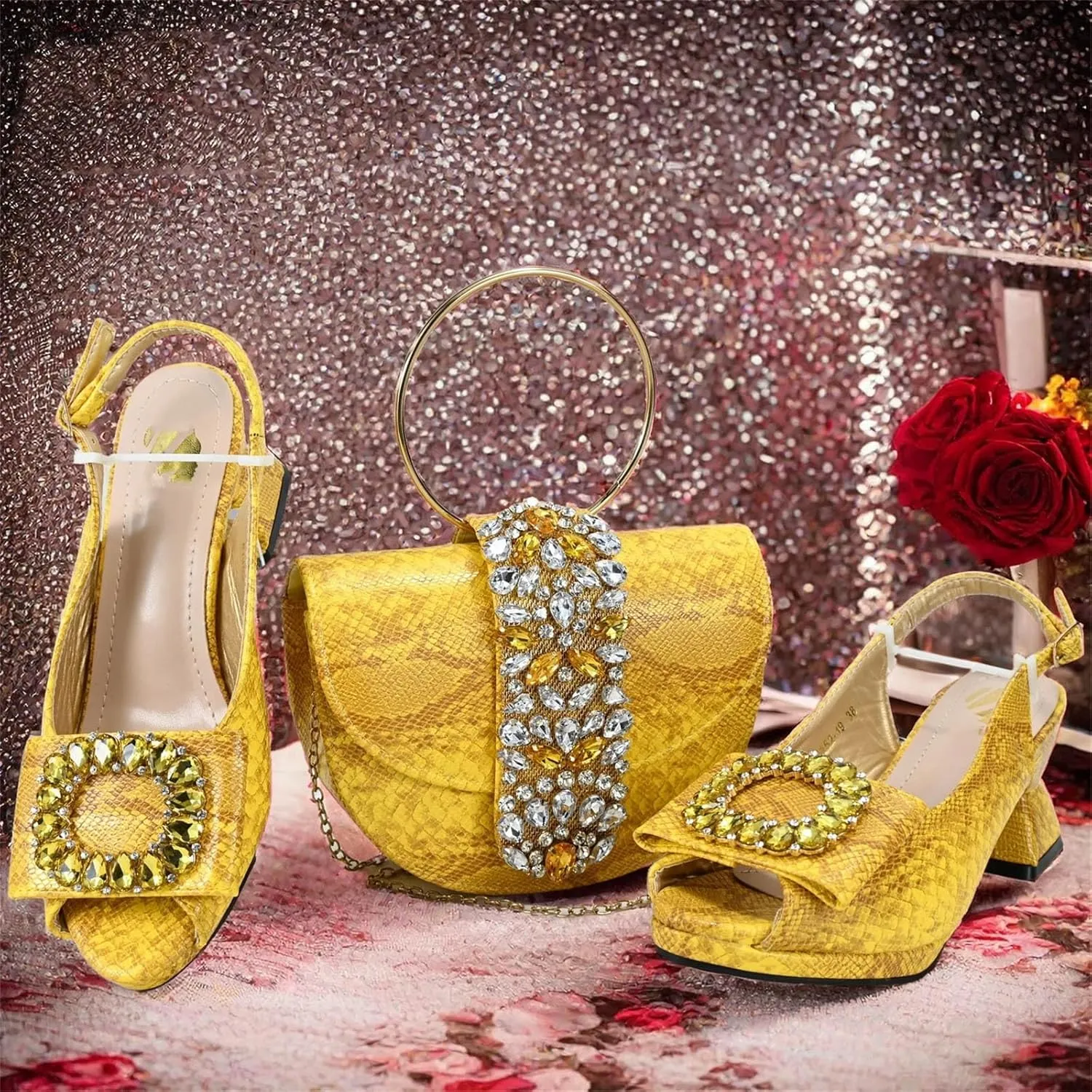 Womens Elegant Rhinestone Pattern Evening Shoes and Matching Clutch Set Luxury Heels for Bridal Party