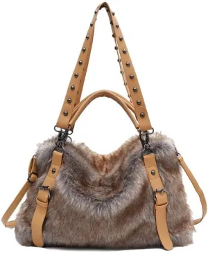 Women's Fur Tote Bag Fluffy City Bowling Bags Trendy Furry Cute Purse Y2k Streetwear