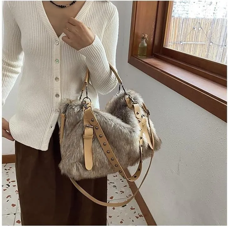 Women's Fur Tote Bag Fluffy City Bowling Bags Trendy Furry Cute Purse Y2k Streetwear