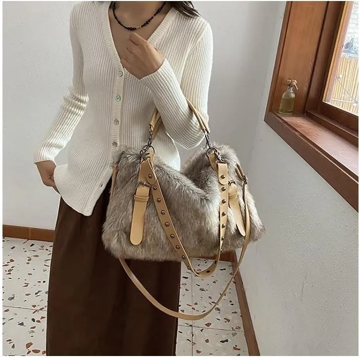 Women's Fur Tote Bag Fluffy City Bowling Bags Trendy Furry Cute Purse Y2k Streetwear