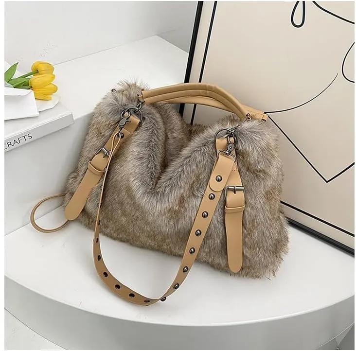 Women's Fur Tote Bag Fluffy City Bowling Bags Trendy Furry Cute Purse Y2k Streetwear