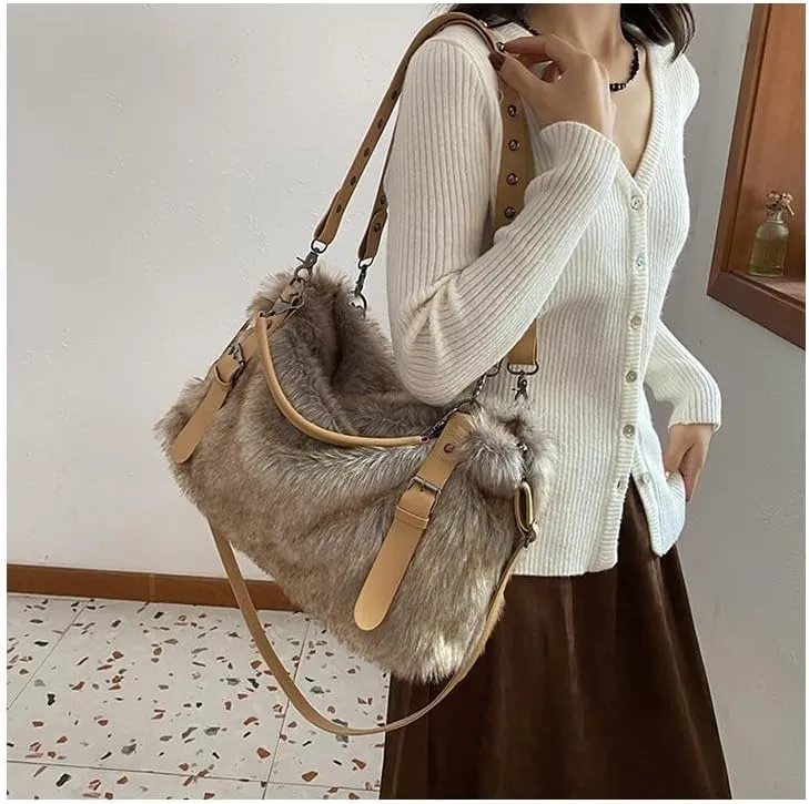 Women's Fur Tote Bag Fluffy City Bowling Bags Trendy Furry Cute Purse Y2k Streetwear