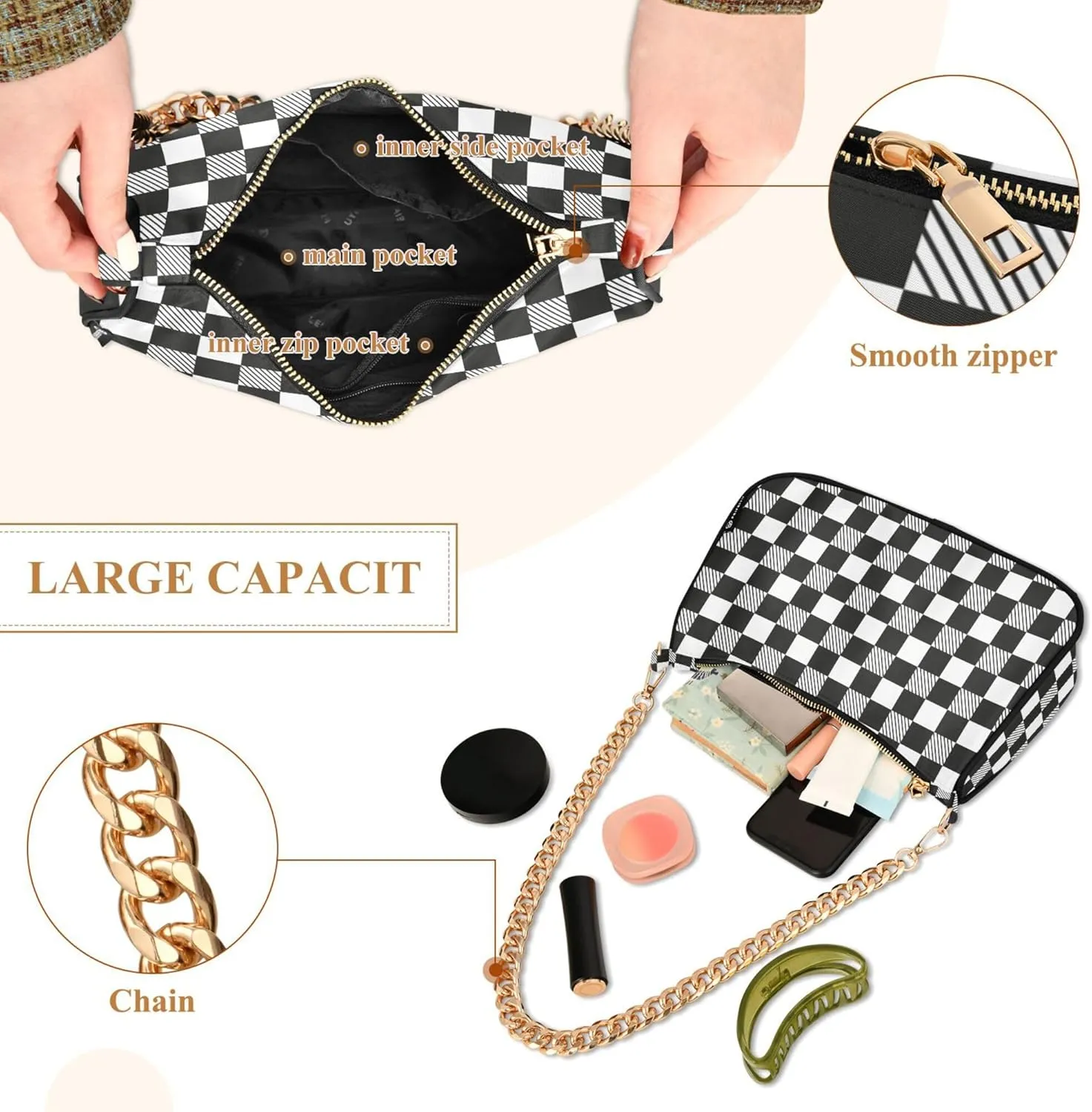 Women's Handbags Tote Crossbody Bag Stylish Purse Ladies Shoulder Bag Handbag Black and White Checkered Crescent Bag