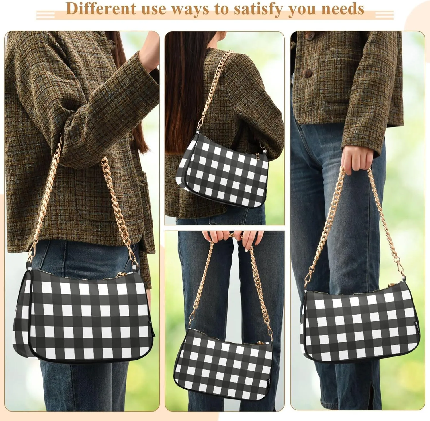 Women's Handbags Tote Crossbody Bag Stylish Purse Ladies Shoulder Bag Handbag Black and White Checkered Crescent Bag